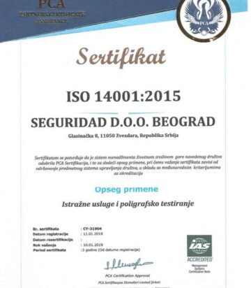 Seguridad sertifikat ISO 14001